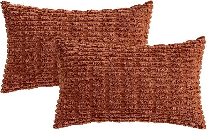 MIULEE Fall Pack of 2 Dark Rust Corduroy Decorative Lumbar Pillow Covers 20x12 Inch Soft Boho Striped Throw Pillow Covers Modern Farmhouse Home Decor for Sofa Living Room Couch Bed