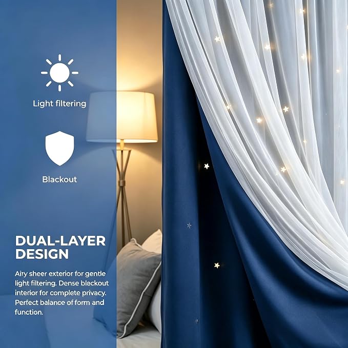 Kids Star Cutout Curtains for Bedroom/Living Room/Classroom,2 Free Tiebacks Sheer Overlay 2 Panel Set, Double Layer Curtains for Kids Room(Each Piece W70 x L95 Inches 2 Pcs Navy Blue)