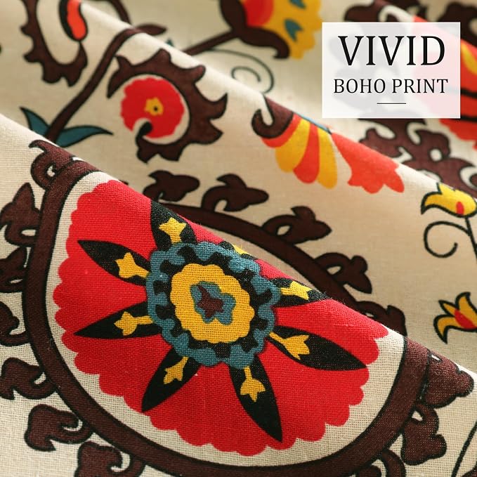 VOGOL Vibrant Boho Curtains, Red Sun Disc Mandala Floral Drapes to Brighten Your Living Room, European Ethnic Style Textured Fabric with Tassels, 59"x79", 1 Panel