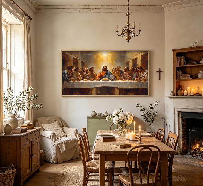 Large The Last Supper Framed Wall Art, Jesus Christ Religious Canvas Print Poster, Christian Wall Decor for Church Living Room Bedroom, Biblical Home Decoration