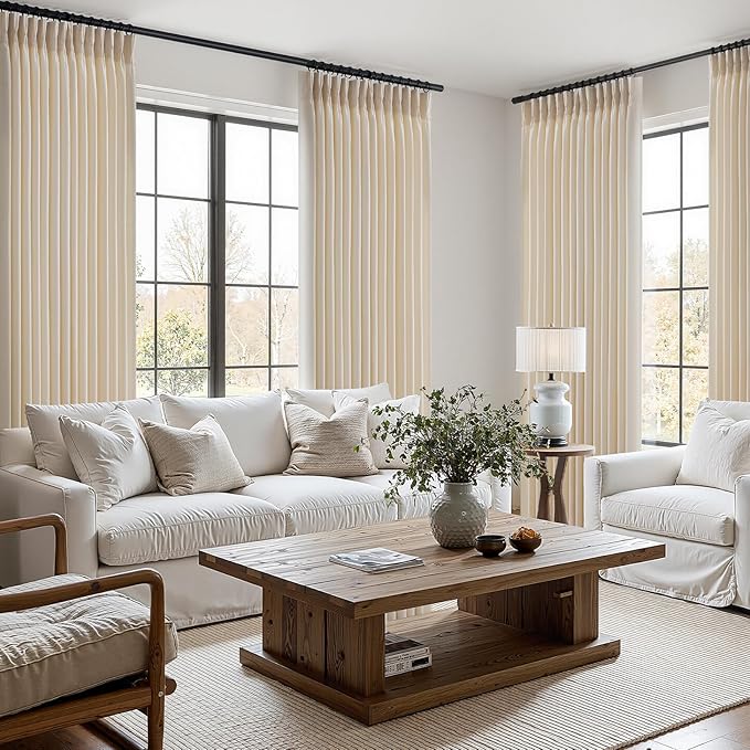 Beige 96 Inch Length Pinch Pleat Linen Curtains Drapes 2 Panels Set,Hooks Sense of Design Semi Sheer Elegance Window Curtains Living Room Bedroom,Half Price Drapes 96 inches Long Set of 2