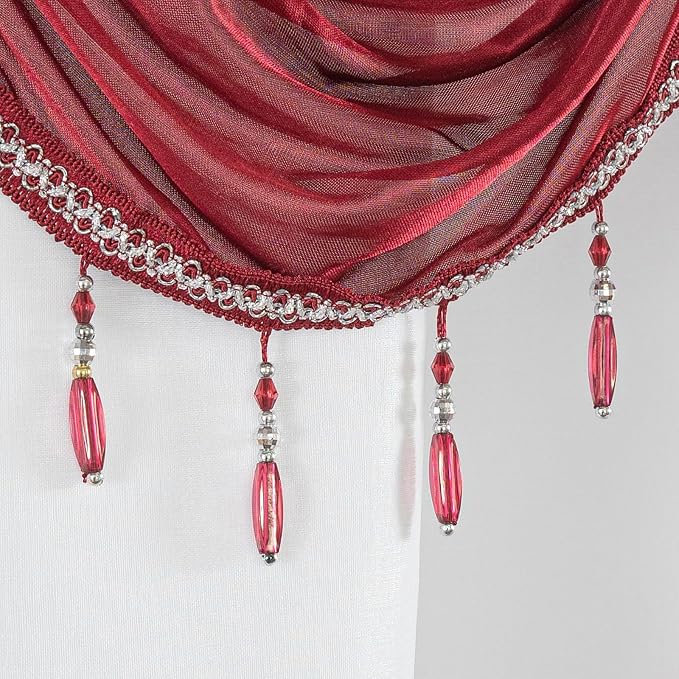 Petrichor Embroidered Sheer Curtain 2 Panels Set - Luxury Window Curtain Attached Valance with Satin Backing and 2 Tie Backs for Living Room,Dining Room, 54x84 inches, Burgundy
