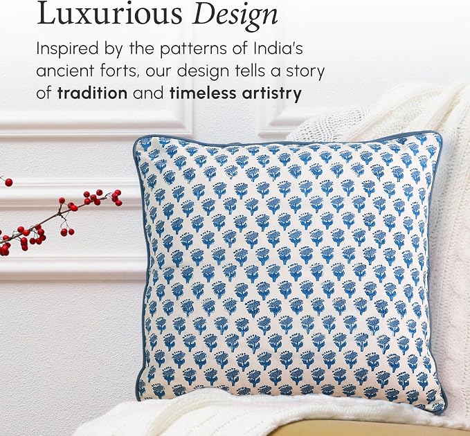 CPC 100% Cotton Throw Pillow Covers 16X16 Blue Block Print Pattern Couch Pillow, Cute Boho Decorative Pillows for Living Room, Bedroom with Hidden Zipper- Apatite Blue