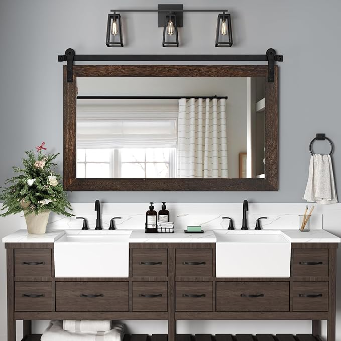 COGOOD Farmhouse Bathroom Mirror - 41" x 30" Rustic Barn Door Mirror for Living Room, Entryway, Bedroom, Vanity Wall Decor (Black Brown)