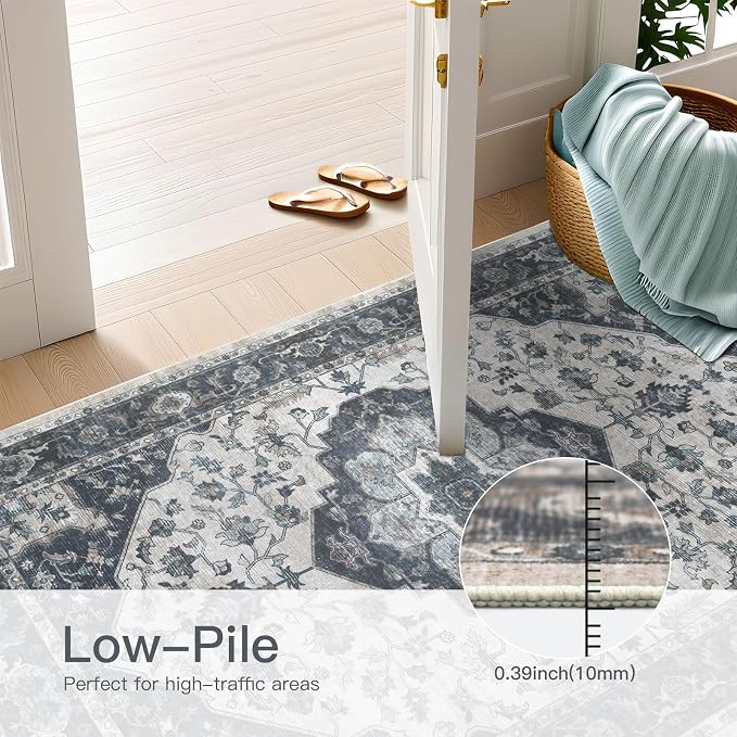 9x12 Vintage Washable Area Rug for Living Room,Low Pile Non Slip Carpet Non-Shedding Large Area Rug Soft Indoor Stain Resistant Rug Floral Print Mat for Bedroom Dining Room Blue Beige