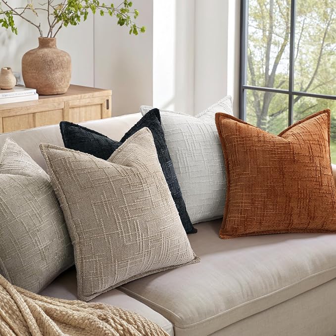decorUhome Chenille Throw Pillow Covers 18x18 Set of 2, Soft Textured Slubby Modern Decorative Pillow Covers with Elegant Design for Couch, Sofa, Living Room, Light Brown
