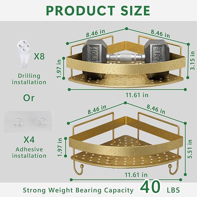 Corner Shower Caddy, 2 Pack Adhesive Gold Shower Organizers, Rustproof Stainless Steel Shower Shelves with 4 Hooks, No Drilling Shelves for Bathroom Storage & Home Decor