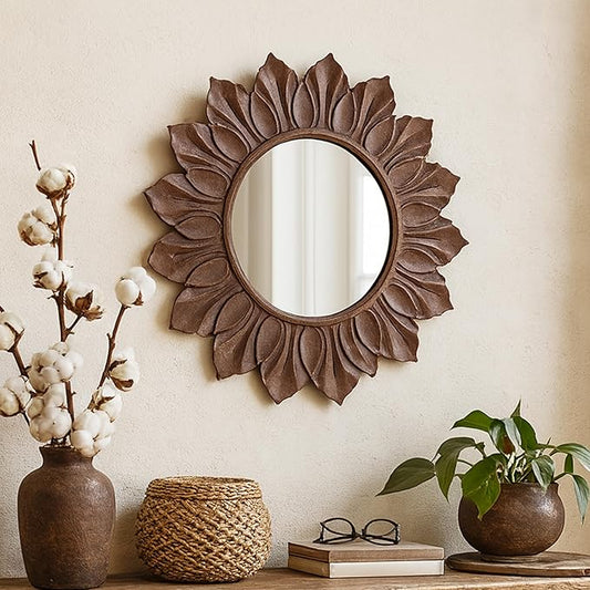 Sunflower Sunburst Wall Mirror, 22" Distressed Brown Wooden Frame, Handcrafted Petal Floral Design, Vintage Farmhouse Style Mirror for Wall Decor for Living Room, Bedroom, Bathroom, Vanity