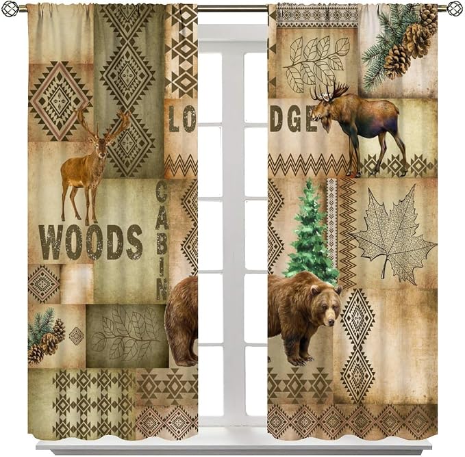Country Bear Deer Blackout Curtains for Kitchen Vintage Farmhouse Plaid Hunting Forest Lodge Wildlife Bear Elk Pinecone Lake Window Treatments for Farmhouse Bedroom Living Room 63x63in