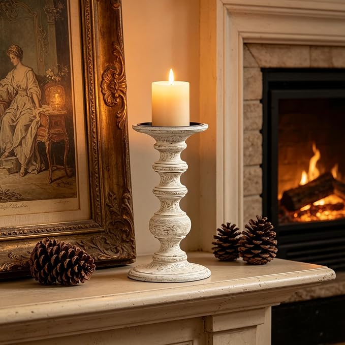 Hosley White Wood Pillar Candle Holder 9 Inch High Ideal Gift for Farmhouse Weddings Special Occasion Spa Aromatherapy Settings Candle Gardens. W1