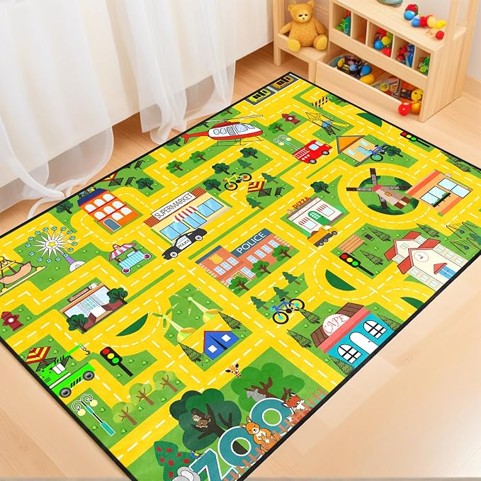 Car Rug Play Mat for Boys Girls Fun Yellow Road Rug for Bedroom Playroom, Fun Car Carpet for Room Decor City Carpet with Race Track, Street, Animal, 2.5x4 Feet