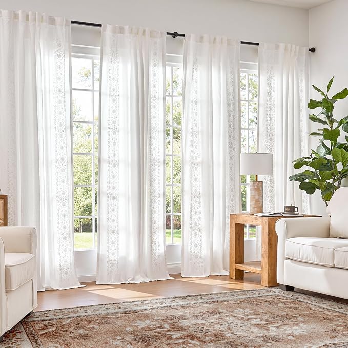 jinchan Weslie White Linen Curtains for Bedroom Vintage Floral Farmhouse Curtains 108 Inches Long Linen Drapes for Living Room Country Embroidered Extra Long Light Filtering Drapes Off White 2 Panels
