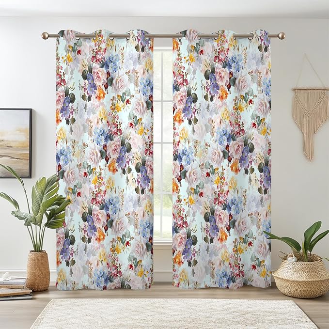 Renaiss Rustic Flower Window Curtains Watercolor Florals Painted for Living Room Decor Thermal Insulated Blackout Curtains for Bedroom Window Treatment & Drapes Grommet 53W x 108L Inch 2 Panel Set