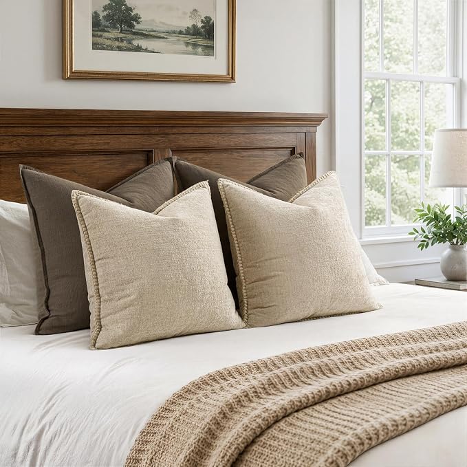 MIULEE Pack of 2 Euro Sham Pillow Covers 24x24 Inch Beige Farmhouse Decorative Throw Pillow Covers with Stitched Edge Soft Chenille Solid Dyed Pillow Covers for Bed Sofa Couch Living Room