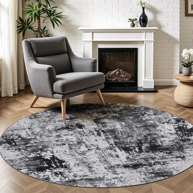 Rugflix Round Area Rugs 4Ft for Living Room, Washable Circle Rug Stain-Resistant Low Pile, Modern Dark Carpet for Bedroom Dining Room Home Office Kid Nursery Room, Black Grey