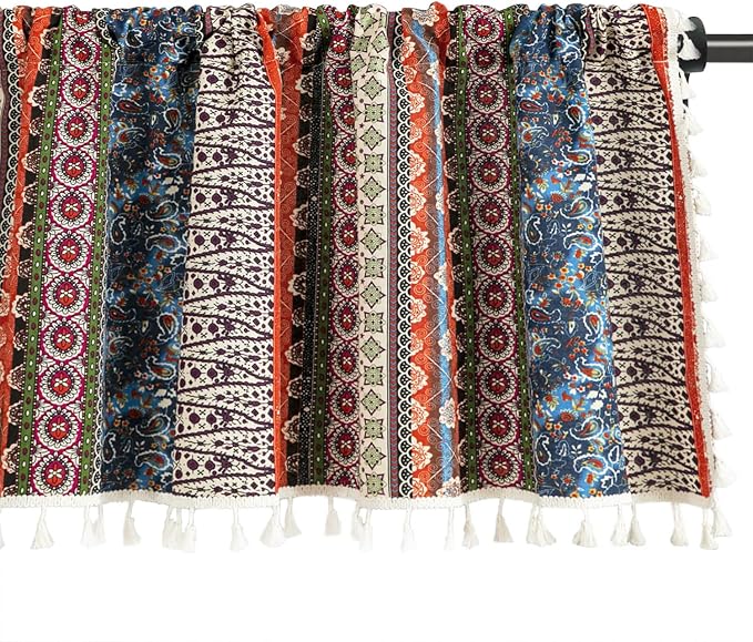 VOGOL Boho Semi Blackout Kitchen Valances, Striped Geo Pattern Decorative Window Treatments with Tassel, 1 Panel Rod Pocket Valance for Bathroom, 52 x 12 Inches