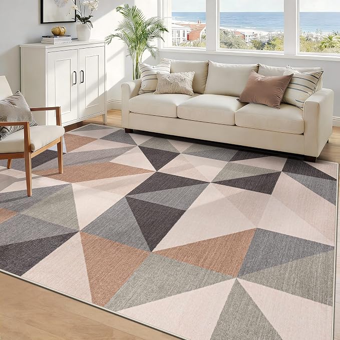 Washable Rug 6x9 Area Rugs: Modern Geometric Area Rug for Living Room Non-Slip Neutral Soft Carpet Low Pile Stain Resistant Indoor Rugs for Bedroom Nursery Dining Room Office (Beige Brown, 6'X9')