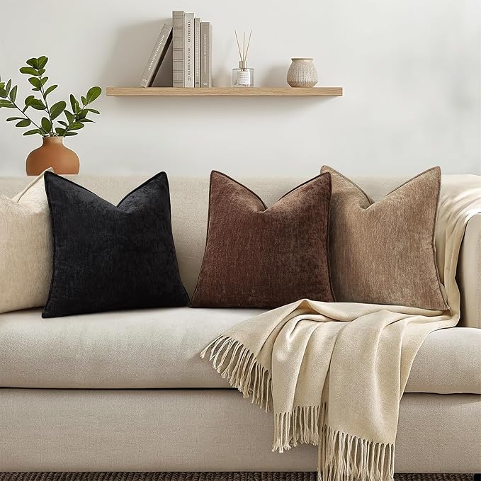 decorUhome Fall Couch Throw Pillow Covers 20x20 Set of 2, Decorative Soft Velvet Modern Cozy Chenille Pillow Cases with Elegant Design for Sofa Bed Living Room Home Decor, Dark Brown