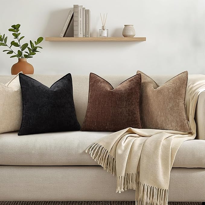 decorUhome Fall Couch Euro Sham Throw Pillow Covers 22x22 Set of 2, Decorative Soft Velvet Modern Cozy Chenille Pillow Cases with Elegant Design for Sofa Bed Living Room Home Decor, Dark Brown