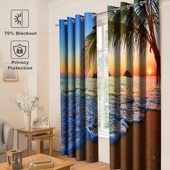 Jekeno Sea Sunset Blackout Curtains - Tropical Beach Ocean Sunset with Palm Trees Nature Scenery Print Blocking Curtain Decor Home Bedroom Living Room Grommet Window Drapes 2 Panel Set, 42" x 63"
