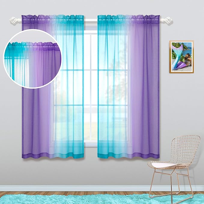 KOUFALL Short Sheer Curtains 45 Inch Length for Bathroom Decor Set of 2 Panels Rod Pocket Half Small Ombre Rainbow Colorful Curtains for Kitchen Windows Bedroom Light Purple and Aqua Teal Turquoise