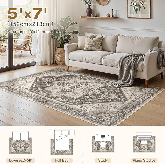 5x7 Area Rugs for Living Room - Large Carpet Ultra Thin Soft Washable Oriental Vintage Floral Distressed Big Indoor Carpets for Bedroom Nursery Dorm Home Decor Aesthetic - Dark Brown