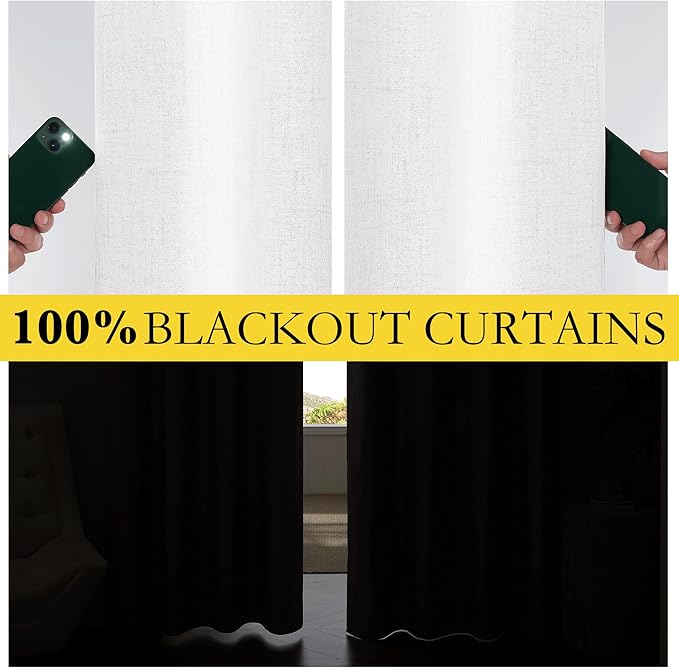 NICETOWN 100% Blackout Linen Curtains for Bedroom, Thick Insulated Rod Pocket & Back Tab Full Light Blocking Draperies with Gray Liner for Night Shift Workers (Set of 2, 52 by 78-inch, Greyish White)