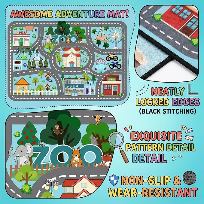 Car Rug Play Mat - Road Rug for Kids Boys Room, Fun Race Track Traffic Road Carpet for Boys Playmat Educational Learn, Car Carpet for Kids Room Decor Playmat Bedroom Playroom,2.5x4 Feet