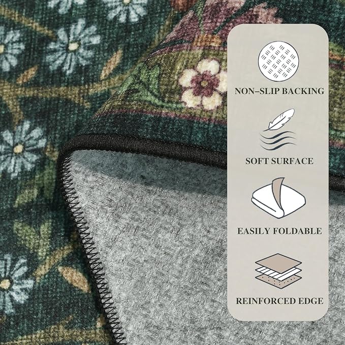5x7 Washable Area Rug for Living Room, Floral Non-Slip Non-Shedding & Easy Care, Soft Low Pile Forest Boho Indoor Floor Carpet for Living Room, Bedroom, Farmhouse, Dining Room, Kids Playroom, Green