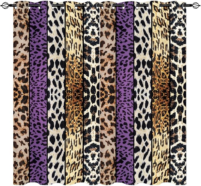 Wild Animal Print Curtain, Room Darkening Thermal Insulated Blackout Leopard Boa Window Drapes with Grommets for Living, Dining, Bedroom, Purple Leopard Print, 42"x 63", 2 Panels