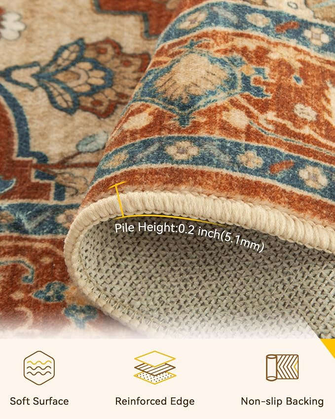 RELEANY Area Rugs Round 8ft Washable Non-Slip, Floral Vintage Distress Medallion Carpet for Living Room Bedroom Dining Room, Red Orange Blue Brown