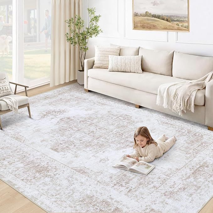 XLUEZ Area Rug 5x7 Living Room Rug, Machine Washable Vintage Distressed Medallion Rug Non-Slip Soft Low Pile Large Indoor Rugs for Bedroom Kitchen Dining Room Office(Beige,5'x7')