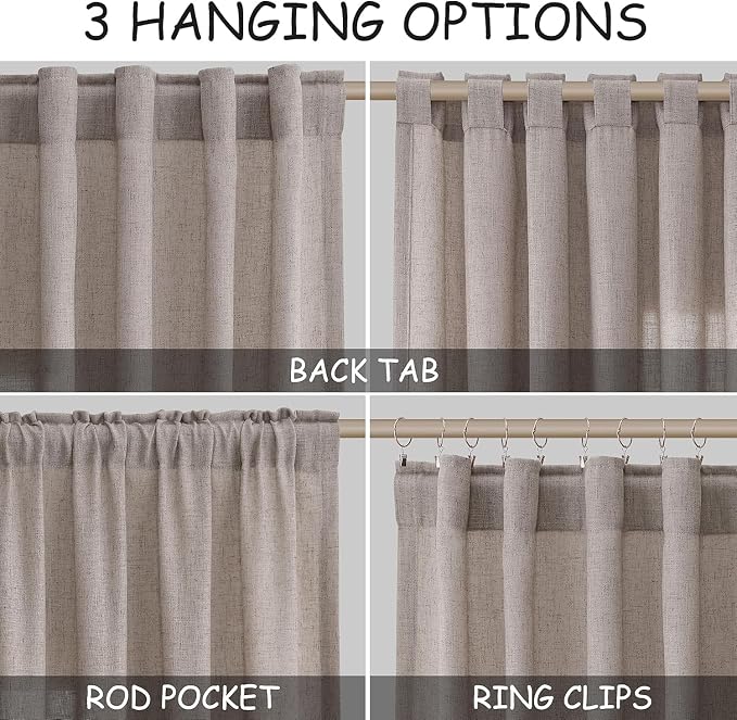 Nanspring Brownish Grey Linen Curtains for Living Room 95 Inches Long Back Tab Light Filtering Semi Sheer Curtain Modern Farmhouse Decor for Bedroom Office Luxury Textured Drapes 52x95, 2 Panels