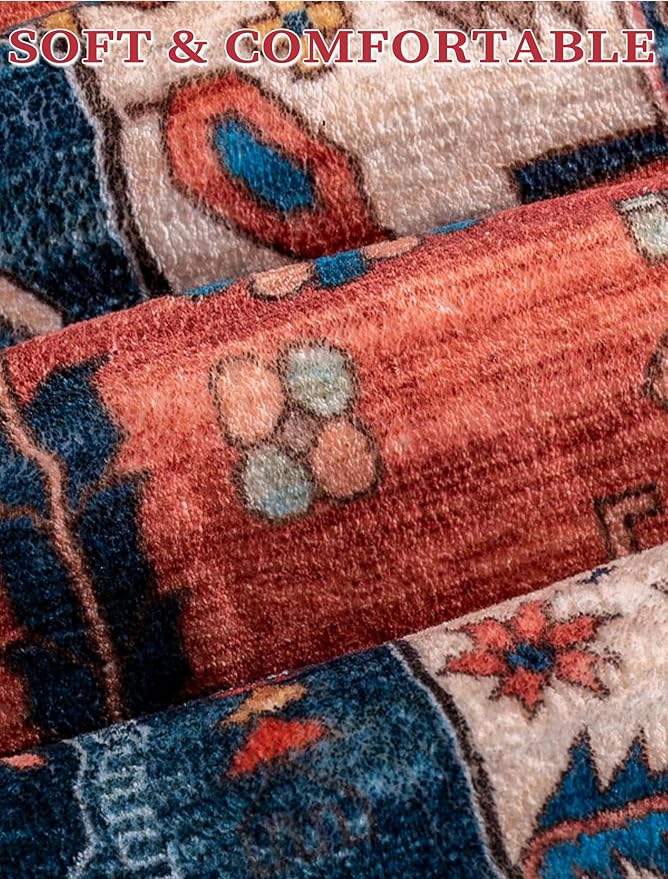 SERISSA Runner Rug for Hallways, 2'6"x16' Washable Non Slip Kitchen Runner Rug, Extra Long Boho Rug Ultra Soft Vintage Rust Print Floor Carpet for Bedroom Hallway Entryway Bathroom Laundry Room