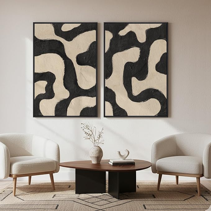 Framed Abstract Beige Black Wall Art for Living Room, Large Neutral Modern Canvas Artwork for Walls, Set of 2 Mid Century Elegant Picture Print for Bedroom Home Office Hallway Wall Decor, 24x36 Inch