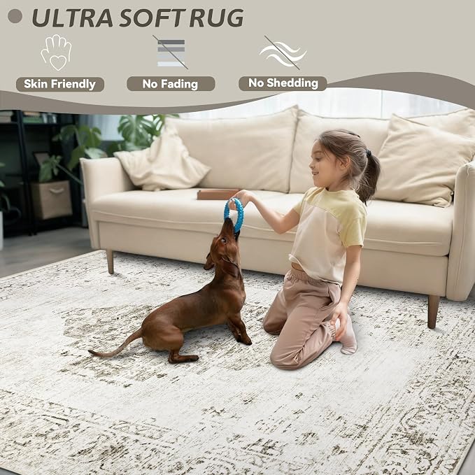 9x12 Area Rugs for Living Room: Washable Vintage Large Retro Rug Soft Non-Slip Indoor Low Pile Carpet for Bedroom Dining Room Office (Taupe, 9' x 12')