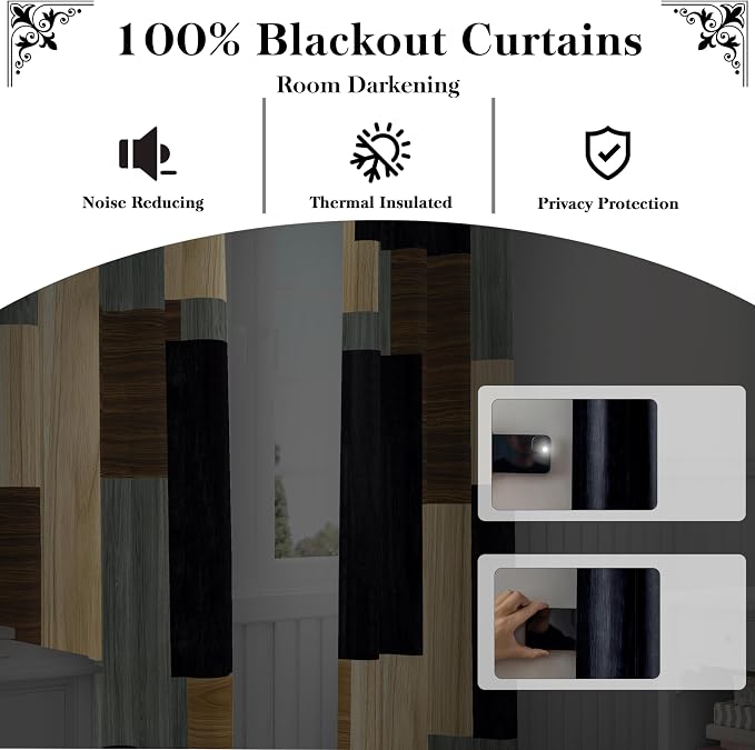 Tyrot Wood Print Retro 100% Blackout Curtains for Bedroom 96 inch Long 2 Panels Set Modern Abstract Geometric Black Out Curtains Insulated Room Darkening Window Drapes for Living Room, 52Wx96L
