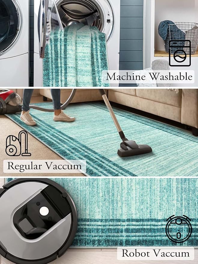 Lahome Amabel Modern Abstract 6x9 Area Rugs for Living Room, Washable Teal Bedroom Rug 6x9 Non Shedding, Low-Pile Soft Minimalist Bordered Indoor Large Carpet for Dining Room Playroom