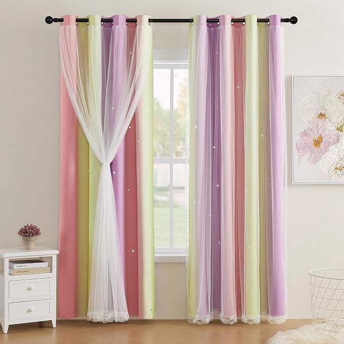 XiDi Pink Yellow Curtains for Girls Bedroom Decor Kids Blackout Curtains for Nursery Room Darkening Rainbow Princess Unicorn Wall Decals Little Girl Pink Yellow Purple 34x54 Inches Long 2 Panels Set