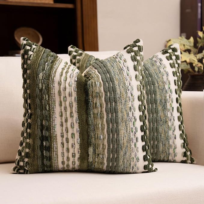 Boho Chenille Tufted Throw Pillow Covers 18x18 Inch Set of 2 Farmhouse Green Woven Striped Decorative Pillowcases for Couch Sofa Bed