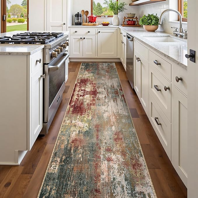 RELEANY Washable Area Rugs 2'x8' Non-Slip Modern Abstract Soft for Living Room Entryway Bedroom Kitchen, Print Pattern, Brown Rust Red Green Blue Multi