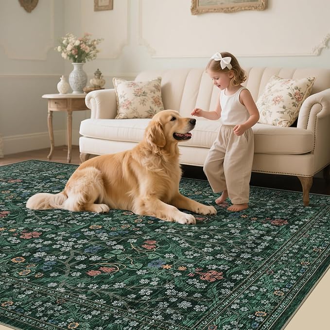 GarveeHome Washable Rug for Living Room, 8x10 Large Area Rug for Dining Room Under Table, Bedroom, Floral Soft Low Pile Non Slip Stain Resistant Carpet for Nursery, Playroom, Office, Dark Green