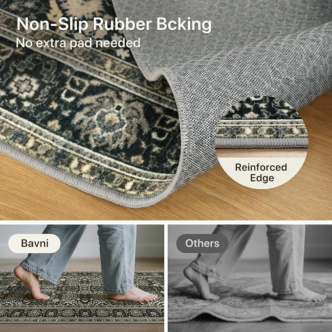 Bavni Area Rugs 8X10-Machine Washable Rug Lightweight Low Pile, Vintage Floral Rug Non-Shedding Distressed Throw Carpet for Living Room Bedroom Office, Black
