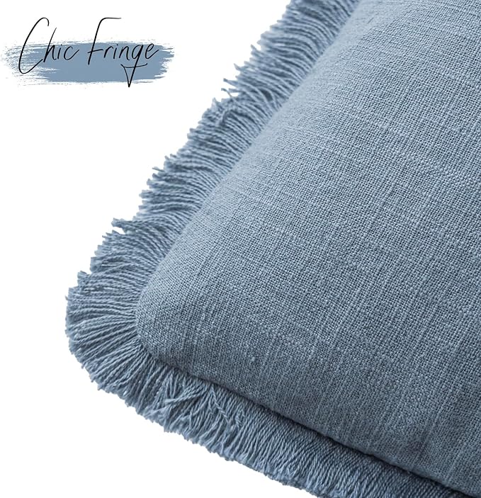 Foindtower Set of 2 Decorative Linen Fringe Throw Pillow Covers Cozy Boho Farmhouse Cushion Cover with Tassels Soft Accent Pillowcase for Couch Sofa Bed Living Room Home Decor, 20×20 Inch, Misty Blue