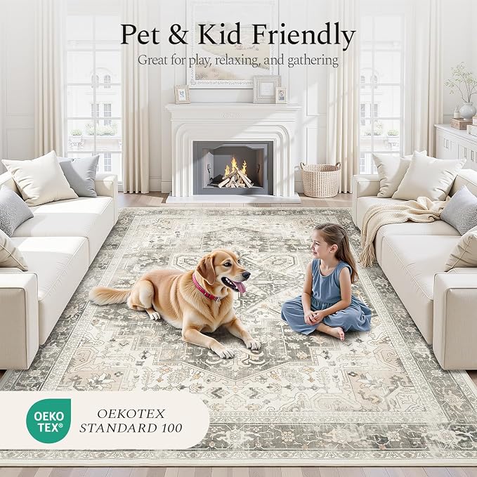 Rugflix 9x12 Area Rugs for Living Room, Machine Washable Rug Non Slip Stain Resistance, Large Rug Vintage Distressed Soft Carpet for Bedroom, Dining Room, Home Office, Beige Grey