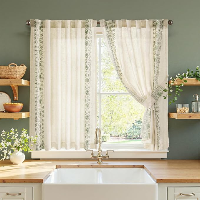 jinchan Green Floral Embroidered Linen Kitchen Curtains 54×45 Inch 2 Panels | Light filtering, back tab, rod pocket, cafe curtains for kitchen bedroom living room, cottage farmhouse, small window