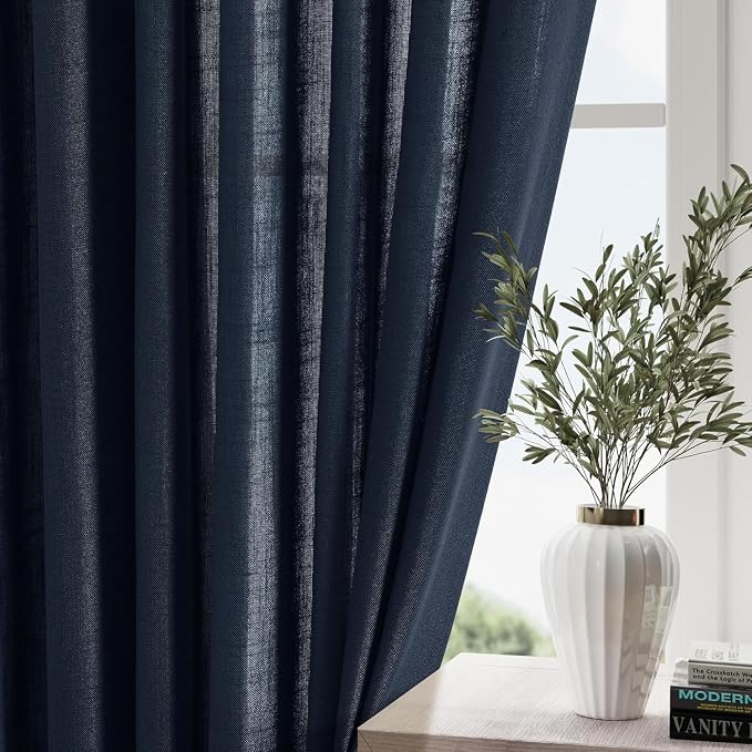 Navy Blue Linen Textured 96 Inch Curtains 2 Panel Set Back Tab Rod Pocket Semi Sheer Boho Room Decor Aesthetic Curtains Indigo Blue Burlap Look Curtain Drapes for Living Room Bedroom 8Ft 40x96 Inch