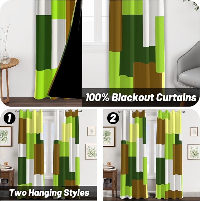 Tyrot Avocado Green 100% Blackout Curtains for Bedroom 96 inch Long 2 Panels Set White Modern Abstract Geometric Black Out Curtains Insulated Room Darkening Window Drapes for Living Room, 52Wx96L