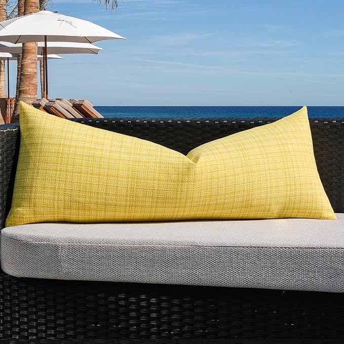 Kevin Textile Outdoor Waterproof Throw Pillow Covers 14x36 Inch Pack of 1 Woven Faux Linen Decorative Water Resistant Long Body Lumbar Cushion Covers for Tent Patio Garden Couch Sofa Yellow