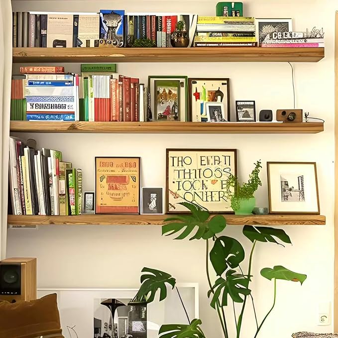 ROGMARS 36 Inches Long Walnut Floating Shelves | Rustic Solid Wood Farmhouse Wall Shelves with Invisible Brackets for Bathroom, Living Room, Bedroom, Kitchen Set of 3
